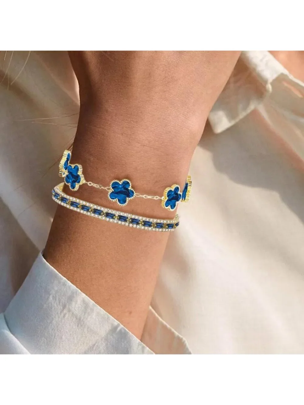 Multicolored CZ Tennis & Flower Bracelet Set - 2Pcs Women's Stacked Jewelry